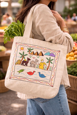 Person holding a tote bag with a colorful design at an outdoor market.